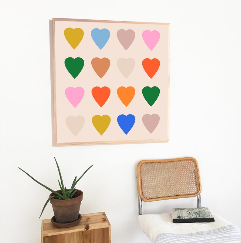 Pair of Multicolor Hearts Art Prints Gallery Wall Set Above Bed Art Teen Room Decor Oversized Wall Art Dorm Decor College Girls image 2