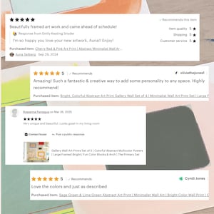 May include: Image of customer reviews for abstract art prints. The reviews show a 5-star rating and positive comments about the artwork's quality, with mentions of framed art and colorful designs.