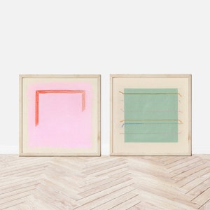 Pair of Abstract Art Prints in Sage Green and Bright Pink Minimalist Framed Wall Art Large Square Art Prints Gallery Wall Framed Pair image 1