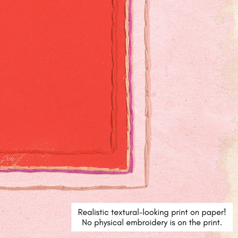 K&ouml;nnte beinhalten: Nahaufnahme eines strukturierten Drucks auf Papier. Das Kunstwerk zeigt ein gro&szlig;es, leuchtend rotes Quadrat mit strukturiertem Aussehen. Das Quadrat wird von einer d&uuml;nnen lila Linie und einer beigen Linie umrandet. Der Text lautet: "Realistischer, texturierter Druck auf Papier! Keine physische Stickerei auf dem Druck."