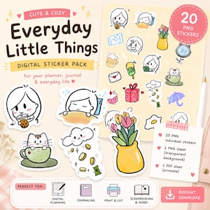 Pode incluir: Um pacote de adesivos digitais intitulado Everyday Little Things contendo 20 adesivos PNG individuais com ilustrações desenhadas à mão de uma pessoa, um gato em uma xícara de chá, uma nuvem com moedas e um vaso amarelo com tulipas.