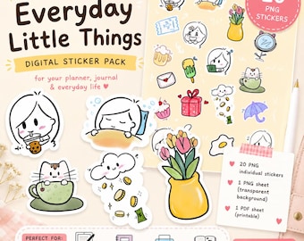 Puede incluir: Un paquete de pegatinas digitales titulado Everyday Little Things que incluye 20 pegatinas PNG individuales con ilustraciones dibujadas a mano de una persona, un gato en una taza de té, una nube con monedas y un jarrón amarillo con tulipanes.