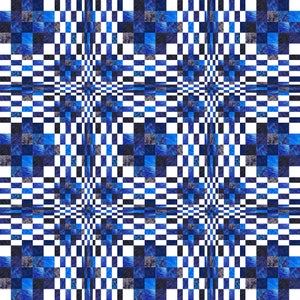 May include: A repeating pattern of blue, black, and white squares. The squares are arranged in a checkerboard pattern, but the pattern is offset to create a sense of depth.
