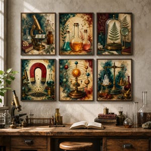 May include: A set of six framed wall art prints depicting scientific themes including a microscope, glass flasks, a fern in a cloche, a horseshoe magnet, a solar system model, and a balance scale, all rendered in a watercolor style.