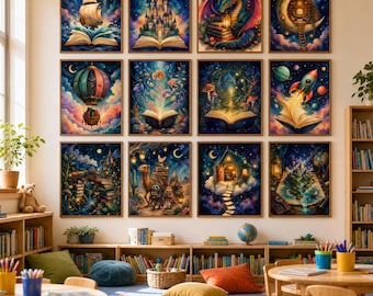 Puede incluir: Una pared de galería con doce impresiones rectangulares enmarcadas dispuestas en cuadrícula. Cada lámina muestra una ilustración vibrante y detallada centrada en libros, incluyendo un barco, un castillo, un dragón, una luna y un cohete.