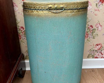 Vintage Blue Wicker Laundry Basket