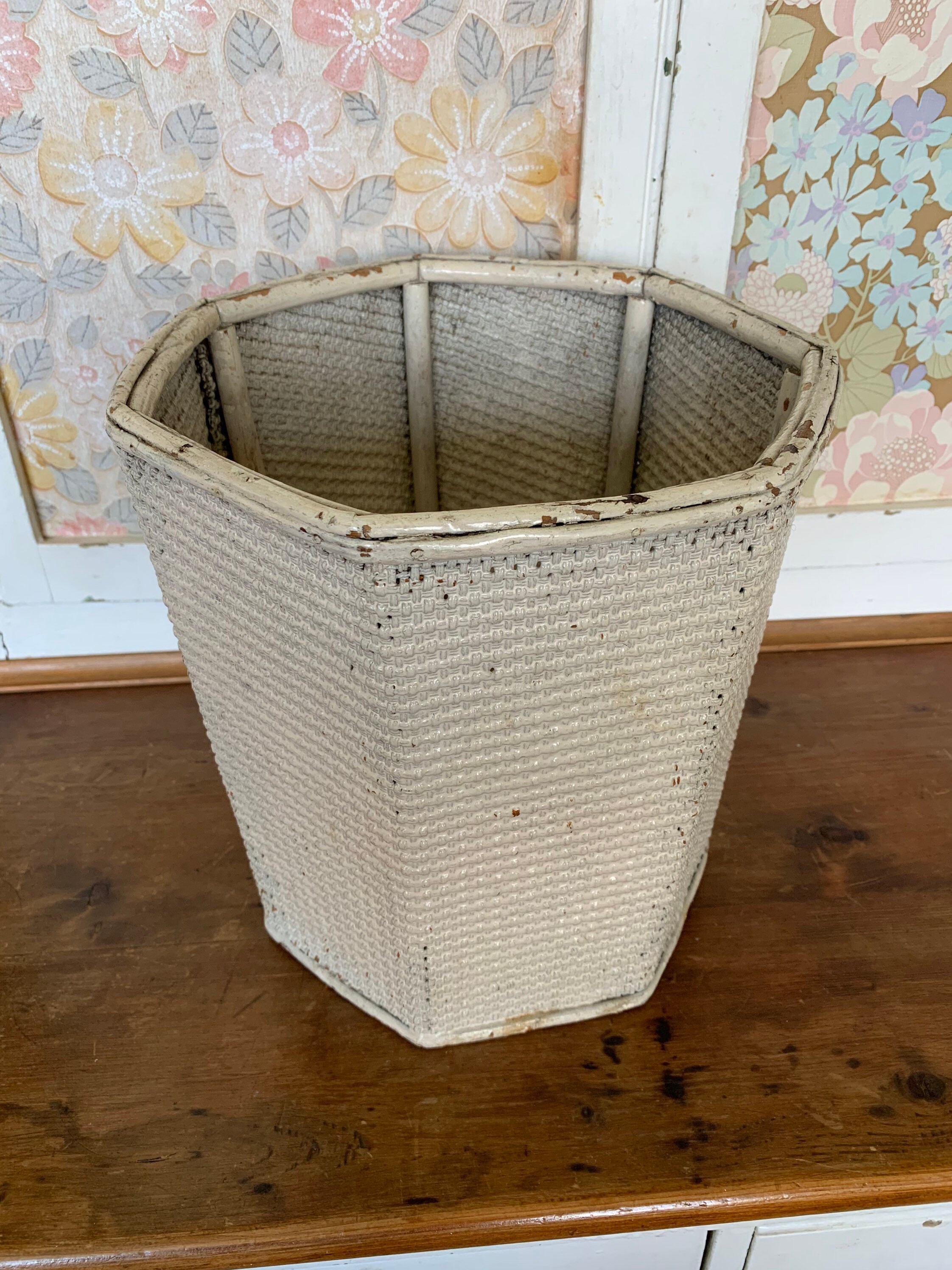 Vintage White Wicker Waste Basket Etsy