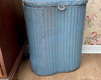 Vintage Blue Wicker Lloyd Loom Laundry Basket
