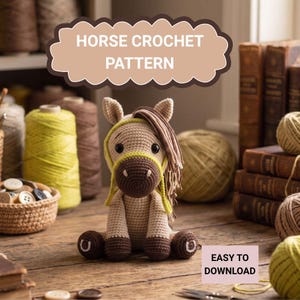 Puede incluir: Se muestra un patrón de caballo de ganchillo, con un cuerpo beige, una melena marrón y una brida amarilla. El texto "HORSE CROCHET PATTERN" está encima del caballo, y "EASY TO DOWNLOAD" está debajo. El caballo está sentado sobre una superficie de madera.