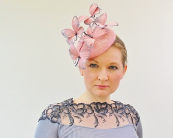 PINK BUTTERFLY HAT, races hat, Ascot hat, garden party hat, cocktail hat, pale pink butterfly fascinator, butterfly wedding  hairpiece