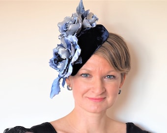Navy BLUE VELVET HAT with hand dyed luxurious satin roses, races hat, velvet cocktail hat, garden party hat, blue and silver occasions hat