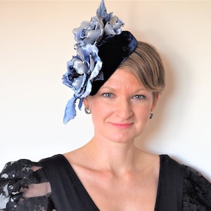 Navy BLUE VELVET HAT with hand dyed luxurious satin roses, races hat, velvet cocktail hat, garden party hat, blue and silver occasions hat