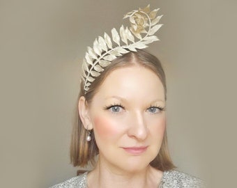 ready to ship GOLDEN FERN HEADPIECE, golden fabric fern tiara, golden fern bridal crown, fern frond grecian headband, party headband