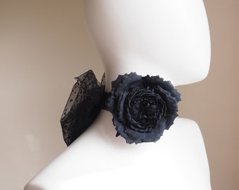 ready to ship BLACK TULLE CHOKER with a silk rose, black rose tulle choker, Marie Antoinette necklace, black wedding, black bride