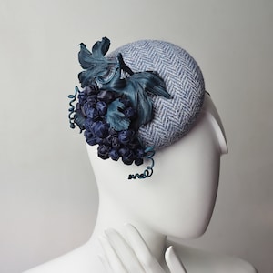 Herringbone HARRIS TWEED HAT with a leather grape bunch, winter hat, winter races hat, winter bride, winter cocktail hat
