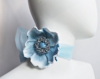 ready to ship BABY BLUE ROSE tulle choker, velvet rose necklace, pale blue and silver tulle choker, powder blue flower prom corsage