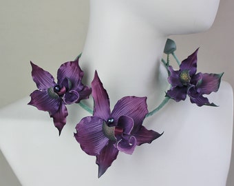 ready to ship SILK FLOWER NECKLACE, silk flower choker, purple orchid floral necklace, statement necklace, pearl necklace, exotic wedding