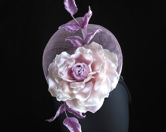 ready to ship LARGE ROSE HAT, lilac sinamay beret with a hand dyed oversized silk rose, races hat, flower hat, lilac wedding floral hat