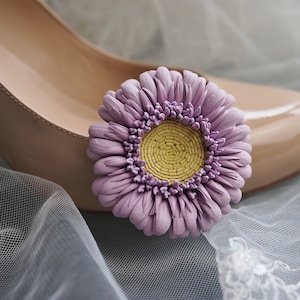 ready to ship pink LEATHER SHOE CLIPS, gerbera flower shoe clips, bridal flower shoe brooches, leather anniversary gift for her image 1