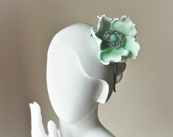 VELVET FLOWER HEADPIECE, flower headband, pastel colours flower bridal hairpiece, mint velvet flower headband, silver wedding