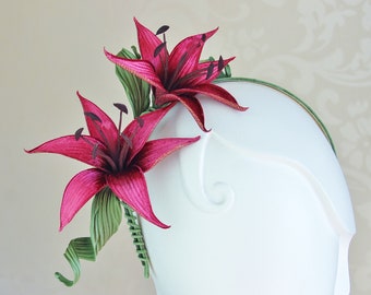 SAMPLE SALE hand painted velvet lily headpiece, velvet lily headband, pink lily fascinator, lily wedding, lily flowers, lily hairpiece