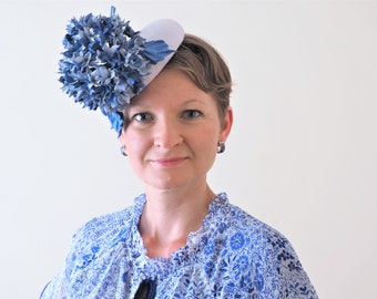 Leather cocktail hat, blue and grey garden party hat, races hat, cocktail hat, leather hat, blue fascinator, Ascot hat