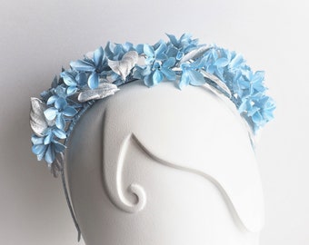 ready to ship powder blue and silver SILK HYDRANGEA CROWN, bridal flower headpiece with baby blue silk hydrangeas, pale blue flower crown