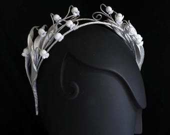 Fabric LILY of the VALLEY Bridal CROWN: Silver Floral Elven Tiara