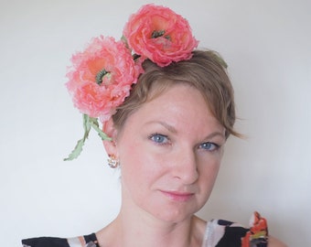 Silk flower headpiece, pink fascinator, silk poppy, bridal fascinator, oversized flower bridal headpiece, floral bridal headband
