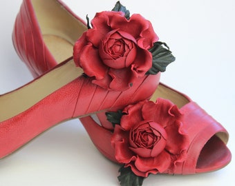 St Valentines's gift for her red leather rose flower shoe clips