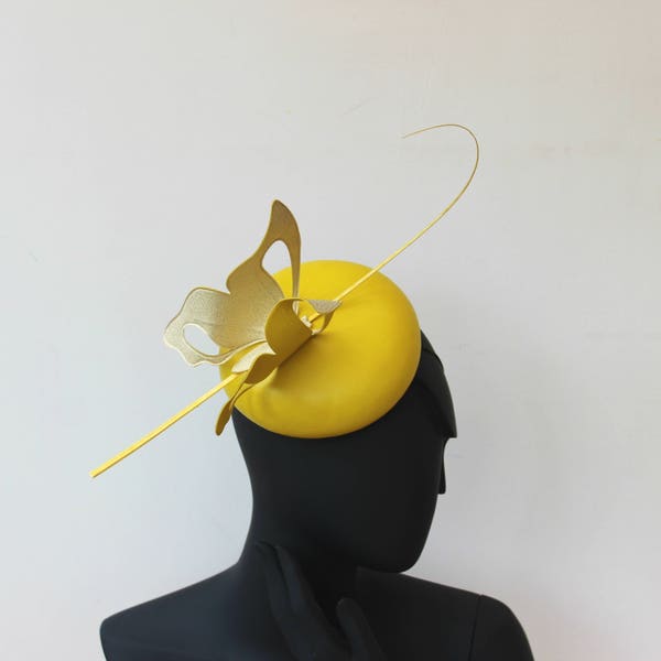 Leather cocktail hat with an oversized butterfly, garden party hat, races hat, cocktail hat, yellow Ascot hat, leather hat