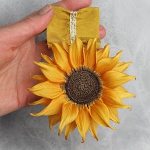 ready to ship FABRIC SUNFLOWER BROOCH, silk sunflower medal, miniature sunflower anniversary gift, handmade sunflower birth flower