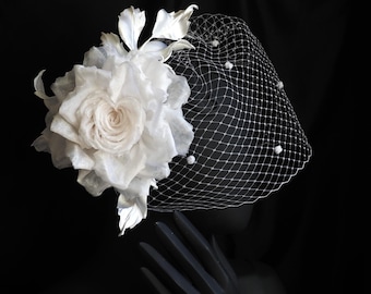 ready to ship SILK ROSE HEADPIECE with veil, white wedding flower headband, white rose bridal veil