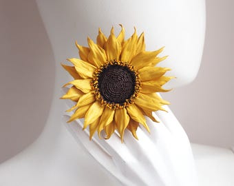 ready to ship LEATHER SUNFLOWER BROOCH, 3rd Anniversary gift, leather flower corsage, sunflower pin