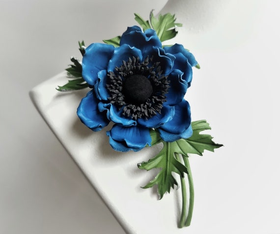 Ready to Ship BLUE LEATHER ANEMONE Flower Leather Jewelry Anemone Corsage Leather Gift Leather Flower Brooch Groom s Leather Buttonhole Etsy