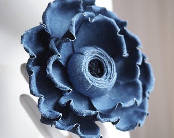 COTTON DENIM ROSE flower, large denim flower brooch, wedding anniversary gift, denim wedding, denim rose jewelry, cotton gift