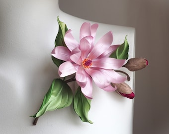 ready to ship SILK MAGNOLIA CORSAGE, anniversary gift for her, pink silk magnolia jewelllery, botanical jewelry, fabric magnolia art