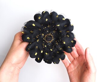 Festive BLACK FLOWER BROOCH: velvet and organza evening corsage, special occasion floral pin