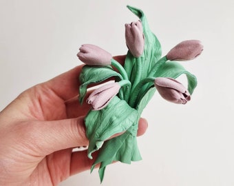 ready to ship BLUSH PINK TULIP brooch, leather flower pin, botanical jewelry, leather gift for her, pink tulip jewelry, miniature flowers