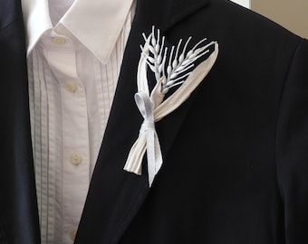 ready to ship silver WHEAT EAR CORSAGE, silver fabric wheat sheaf lapel pin, silver botanical pin, silver fabric brooch, wheat ear jewellery
