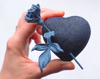 ready to ship DENIM HEART BROOCH with a miniature rose, cotton denim flower, denim flower brooch, wedding anniversary gift, cotton gift
