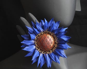 ready to ship stylised LEATHER SUNFLOWER BROOCH, handmade sunflower, leather anniversary gift, leather flower brooch, blue leather flower