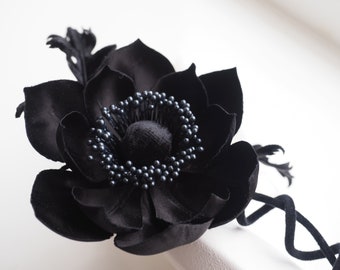 ready to ship BLACK FLOWER CORSAGE, silk anemone jewellery, black anemone brooch, black boutonniere, silk and velvet flower brooch