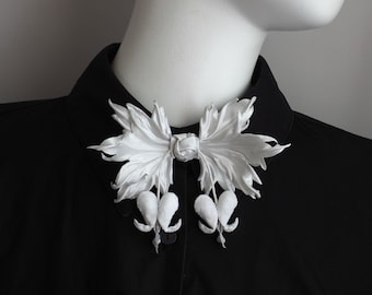 ready to ship white silk DICENTRA BOWTIE brooch, handmade bleeding heart flowers, velvet floral botanical bow tie