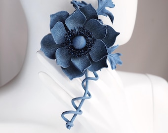 ready to ship DENIM FLOWER BOUTONNIERE, cotton flower corsage, denim anemone brooch, wedding anniversary gift