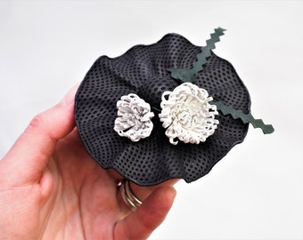 ready to ship MINIATURE LEATHER HAT, black and white leather brooch, leather anniversary gift for her, white chrysanthemum hat brooch