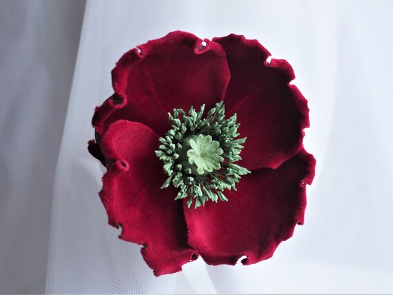 BURGUNDY VELVET POPPY Flower Brooch Wine Red Poppy Corsage