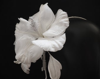 ready to ship WHITE FLOWER HEADPIECE, wedding floral headband, white and silver silk hibiscus fascinator, winter bride, oversized flower