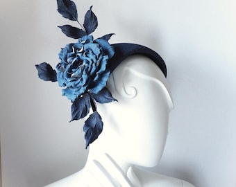 ready to ship DENIM ROSE HEADPIECE, bandeau hat with a denim flower, denim fascinator