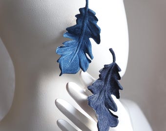 ready to ship DENIM OAK LEAF brooch, denim bride, fall leaf pin, cotton denim jewelry, autumn  wedding anniversary gift